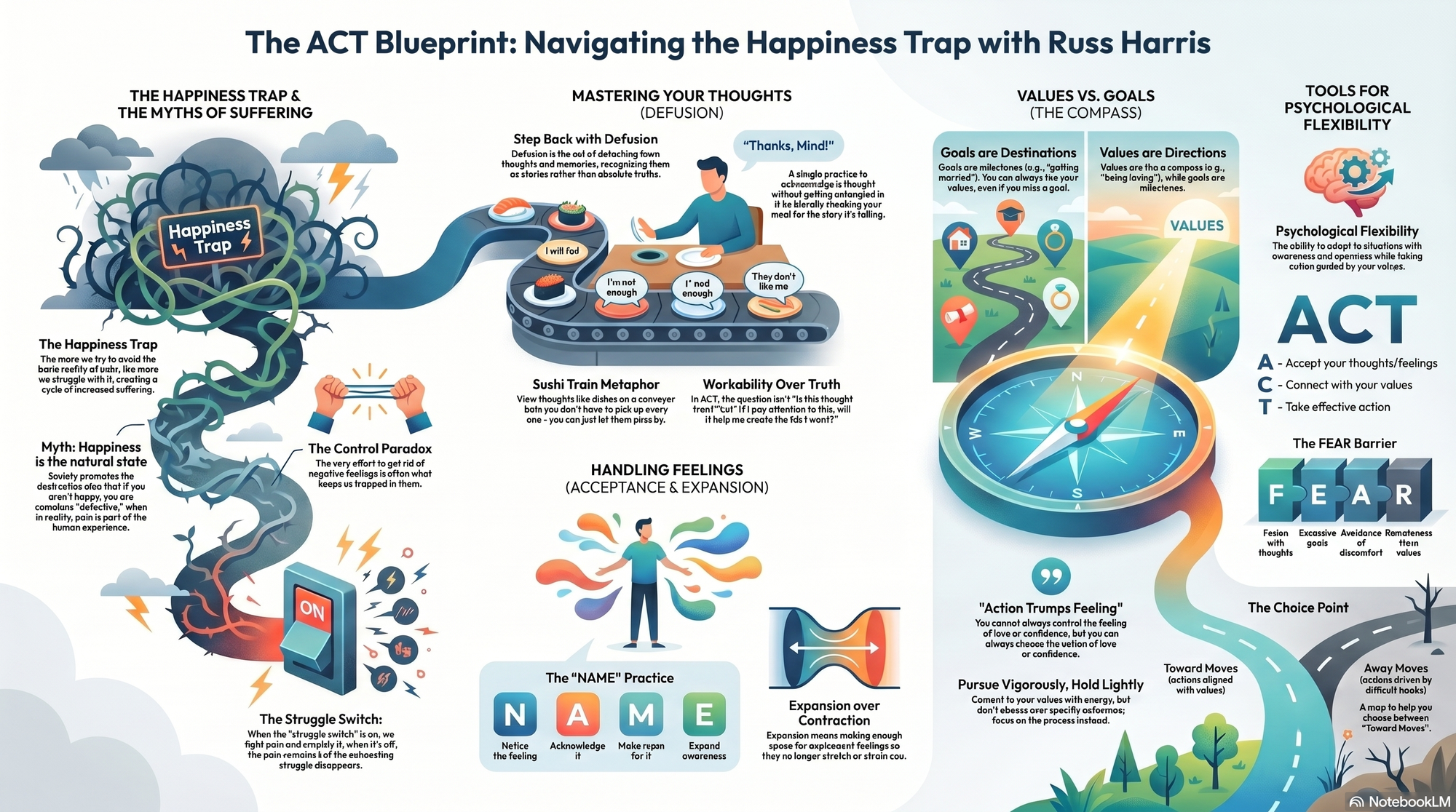 Infographic for "Lessons from Russ Harris and ACT principles".