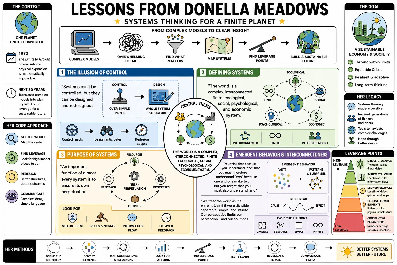 Visual summary of operating lessons from Donella Meadows.