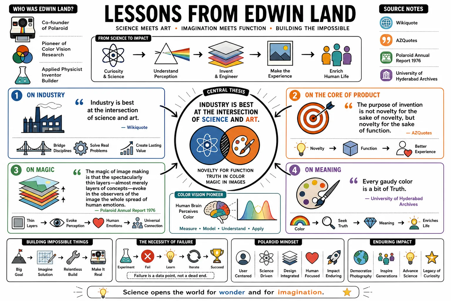 Visual summary of operating lessons from Edwin Land.