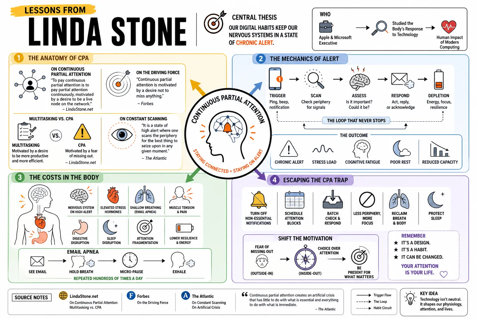 Visual summary of operating lessons from Linda Stone.