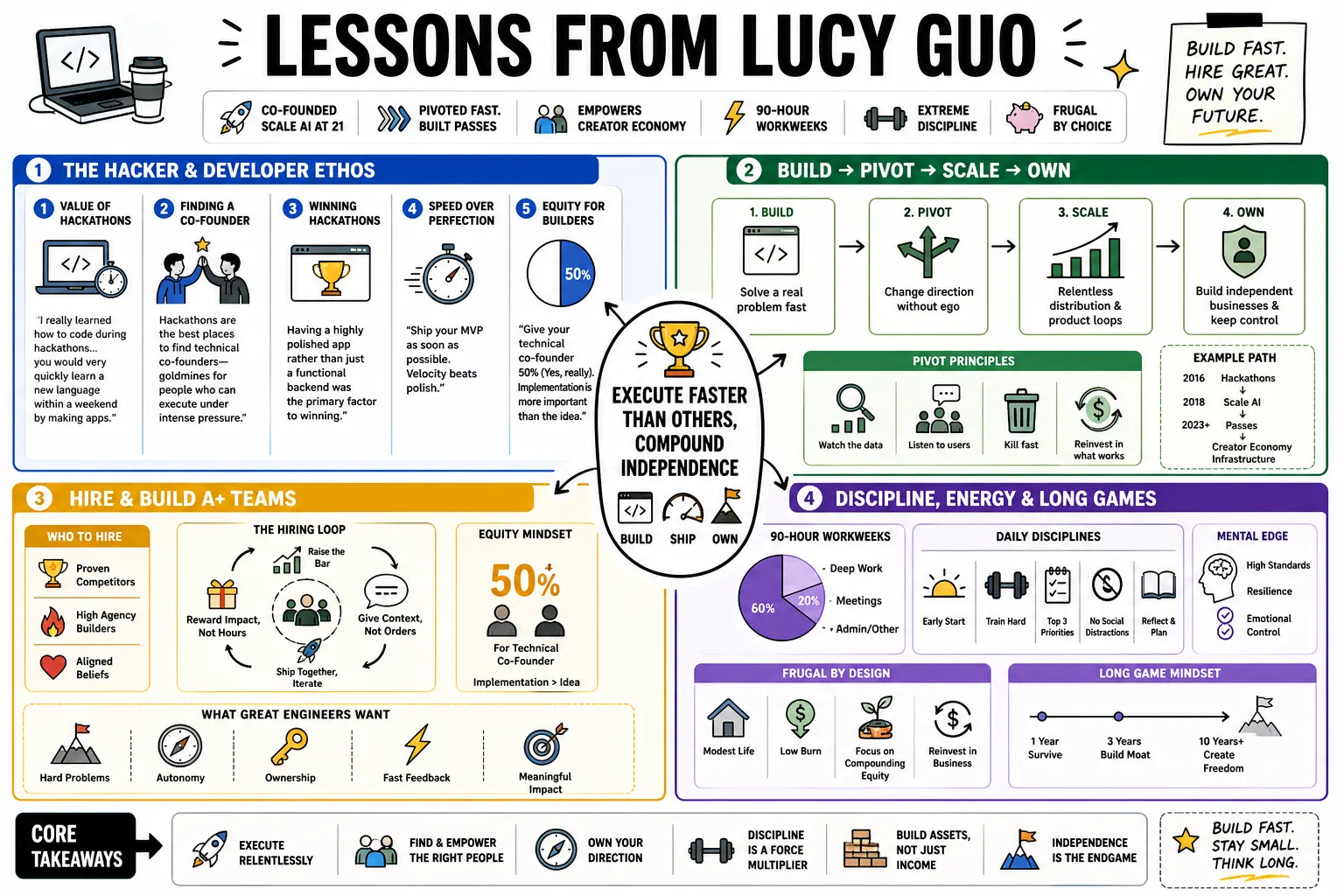 Visual summary of operating lessons from Lucy Guo.
