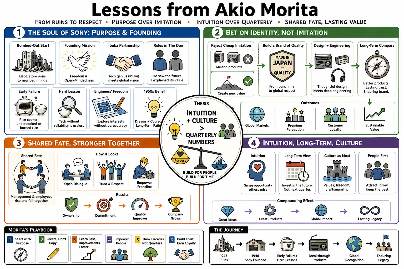 Visual summary of operating lessons from Akio Morita.