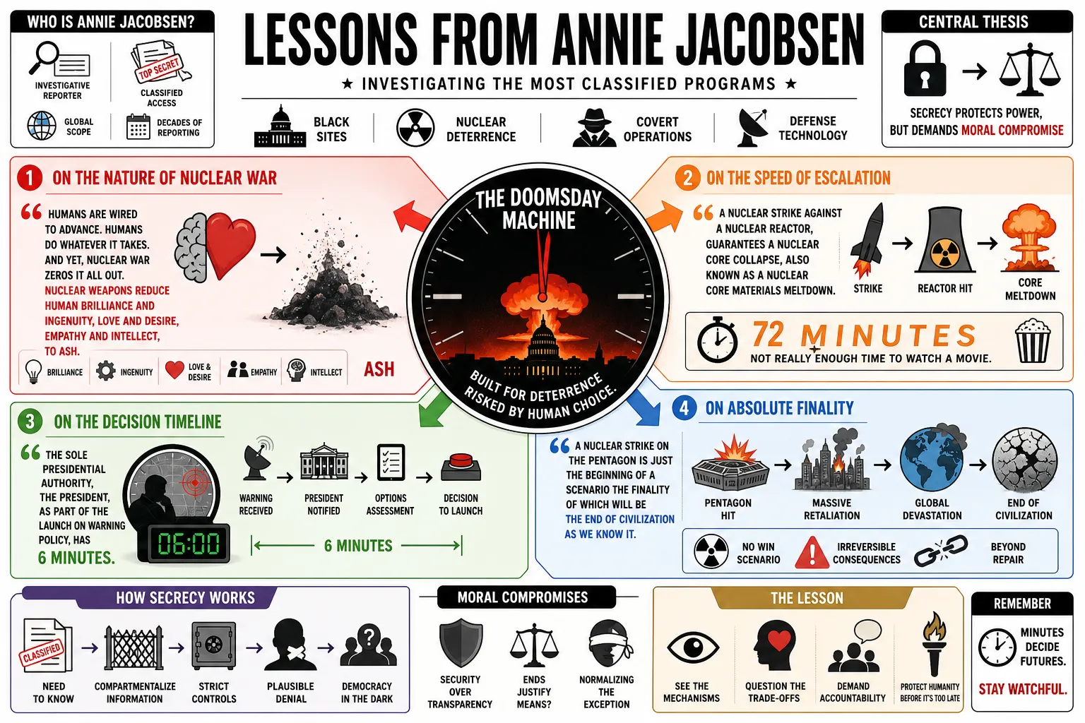 Visual summary of operating lessons from Annie Jacobsen.