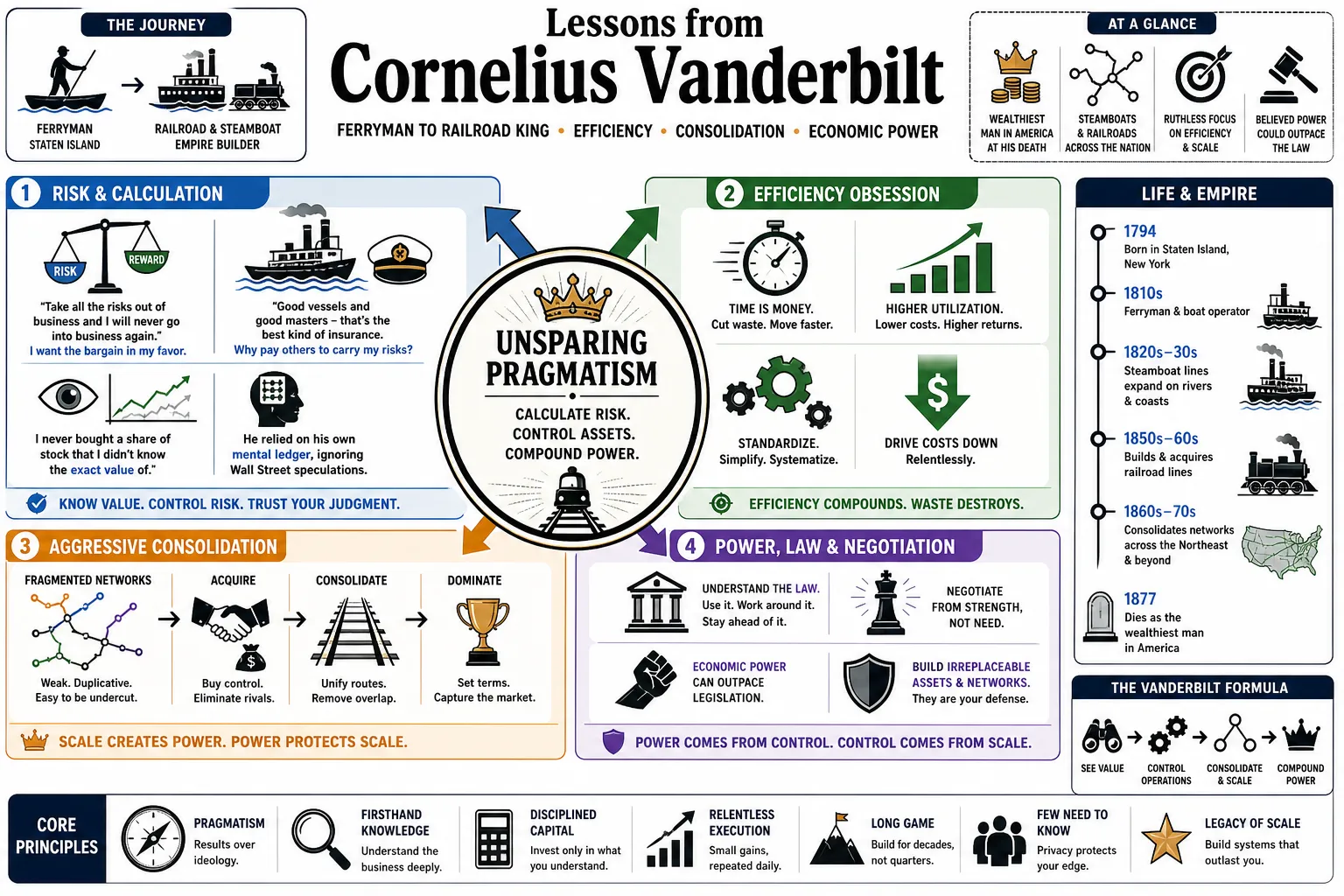 Visual summary of operating lessons from Cornelius Vanderbilt.