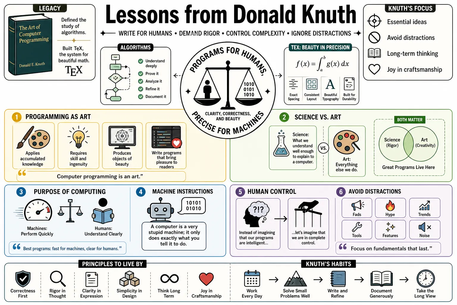 Visual summary of operating lessons from Donald Knuth.