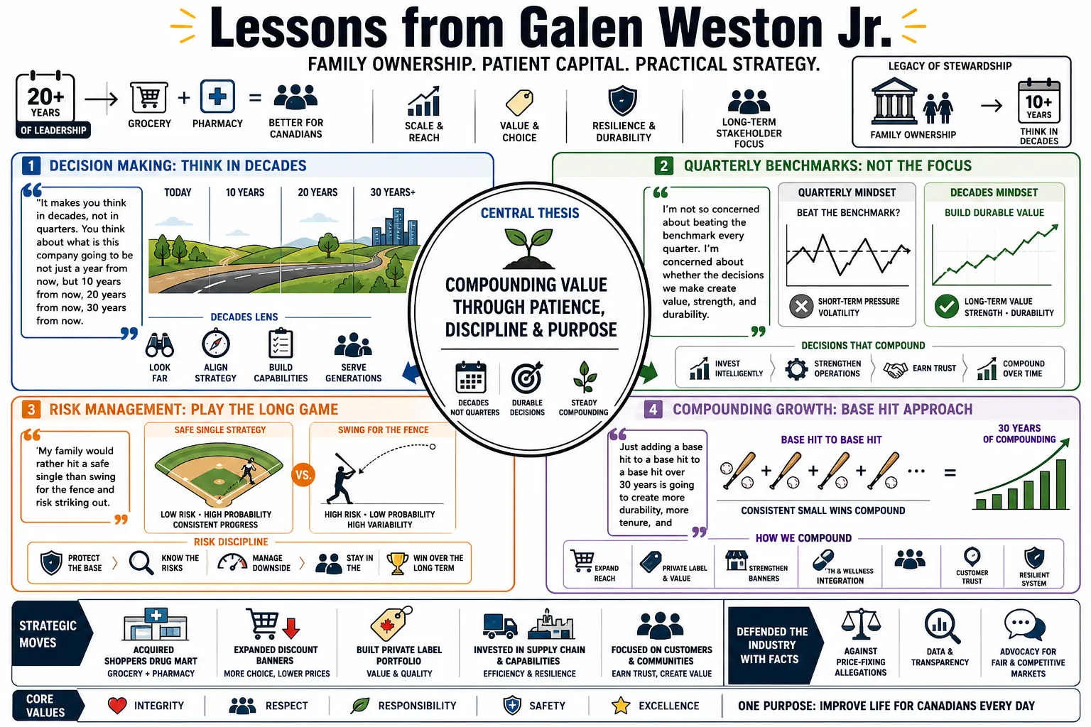 Visual summary of operating lessons from Galen Weston Jr..