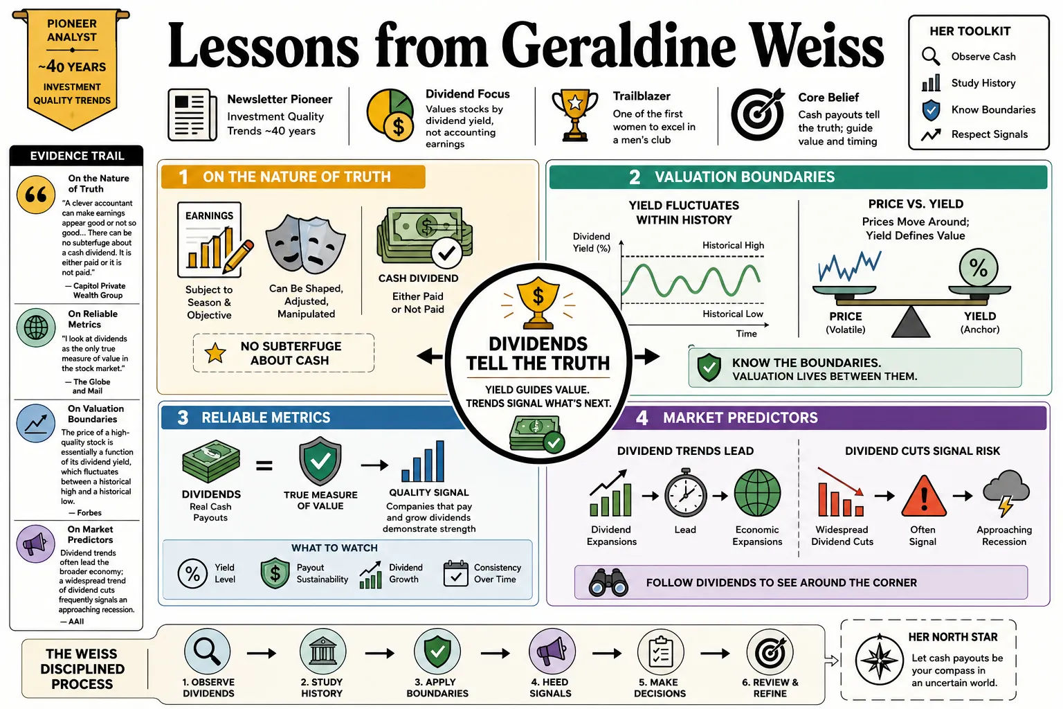 Visual summary of operating lessons from Geraldine Weiss.