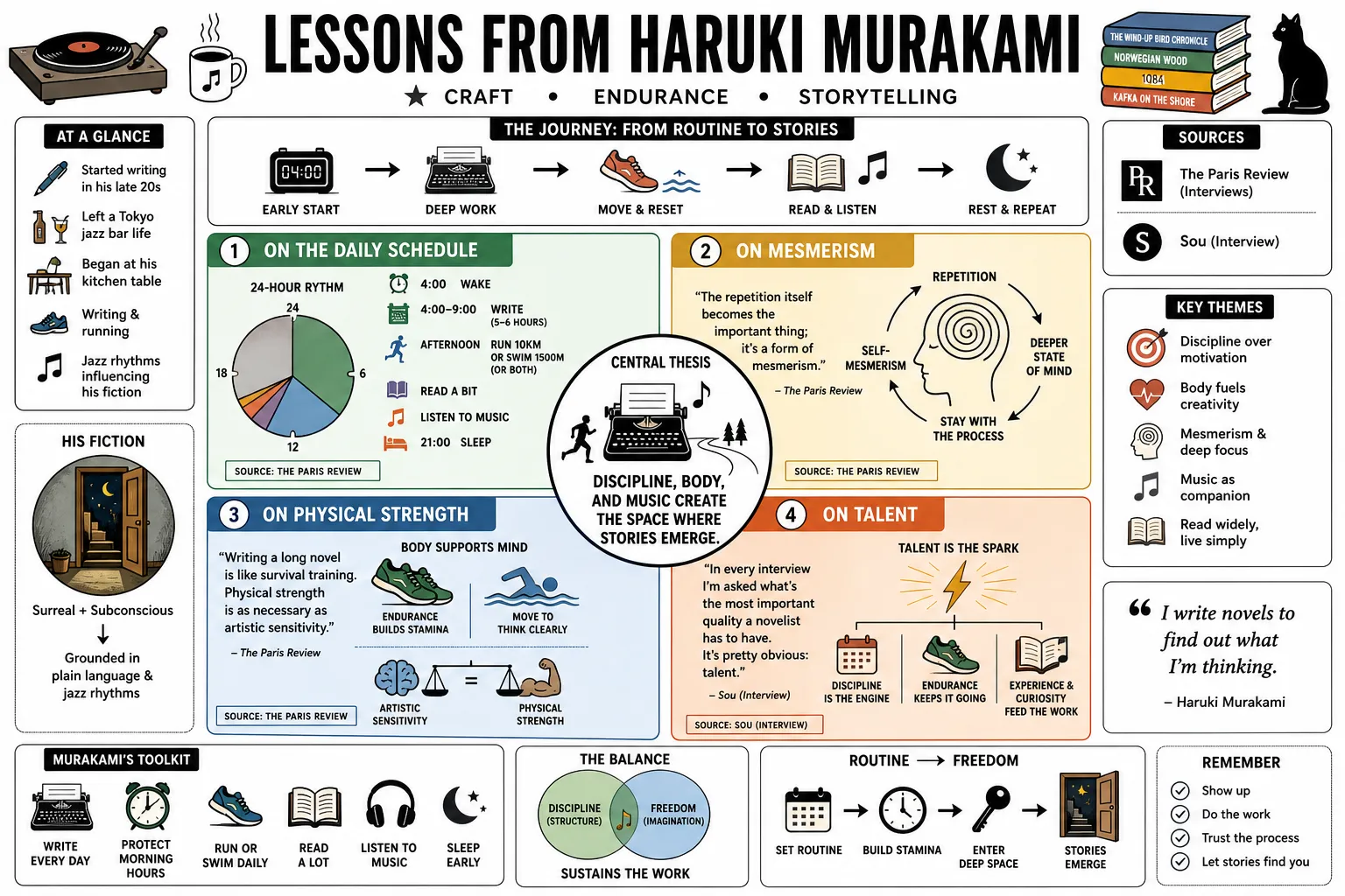 Visual summary of operating lessons from Haruki Murakami.