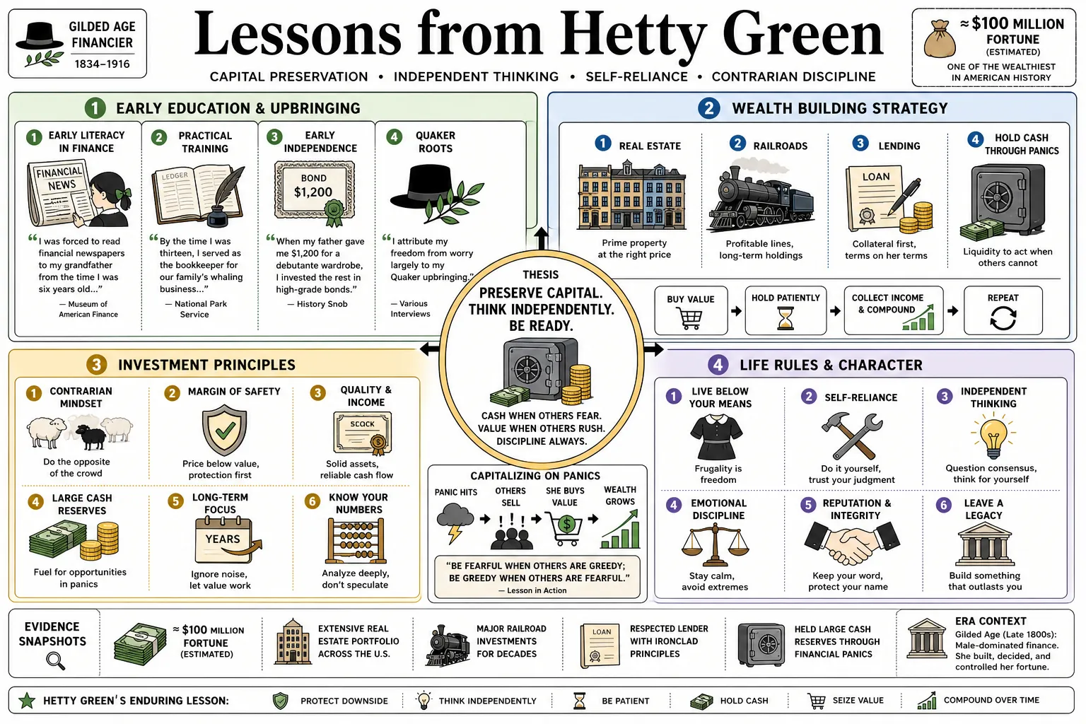 Visual summary of operating lessons from Hetty Green.