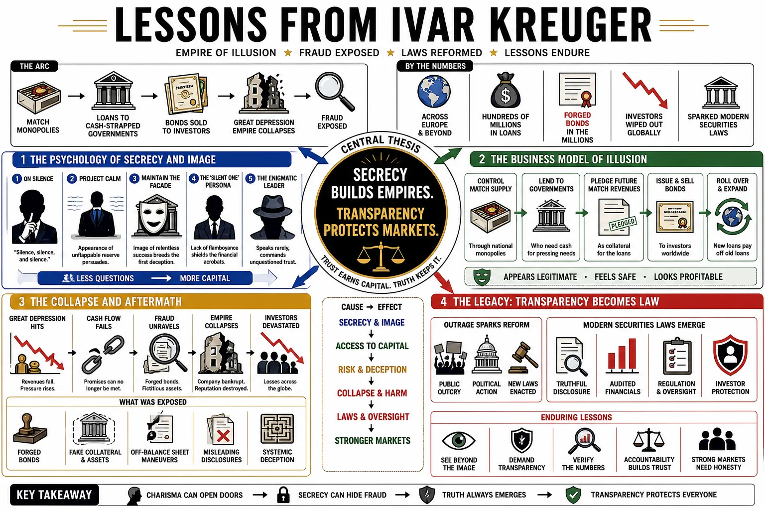 Visual summary of operating lessons from Ivar Kreuger.