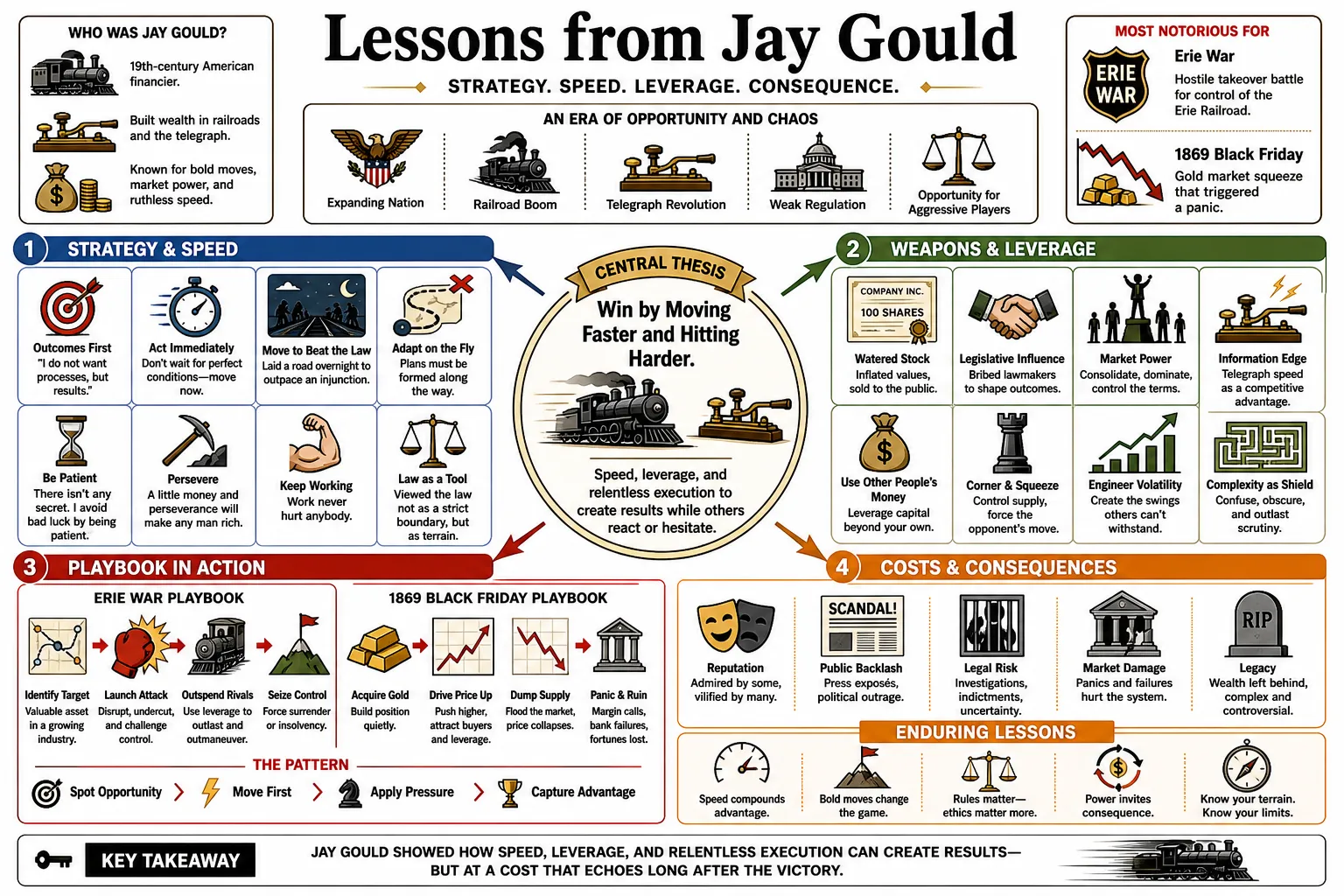 Visual summary of operating lessons from Jay Gould.
