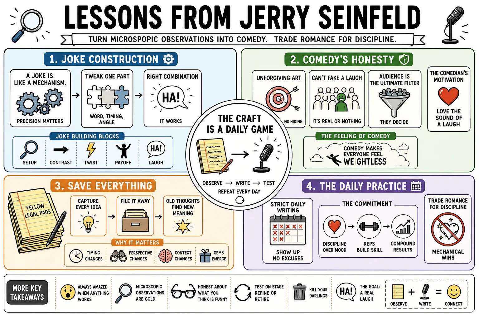 Visual summary of operating lessons from Jerry Seinfeld.