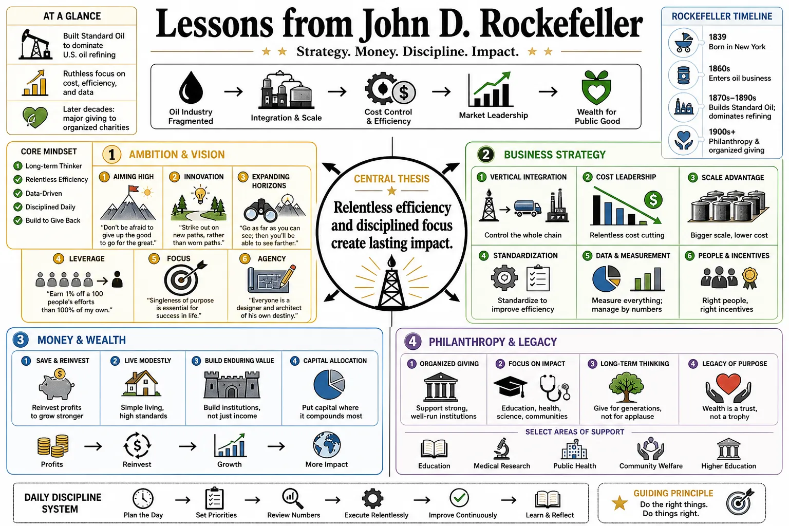 Visual summary of operating lessons from John D. Rockefeller.
