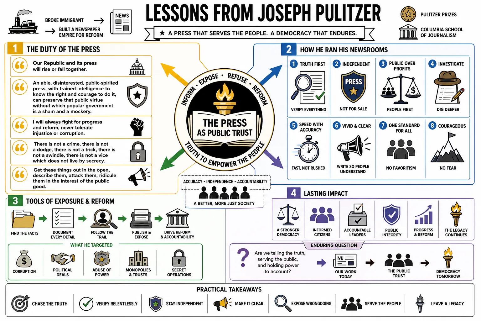 Visual summary of operating lessons from Joseph Pulitzer.