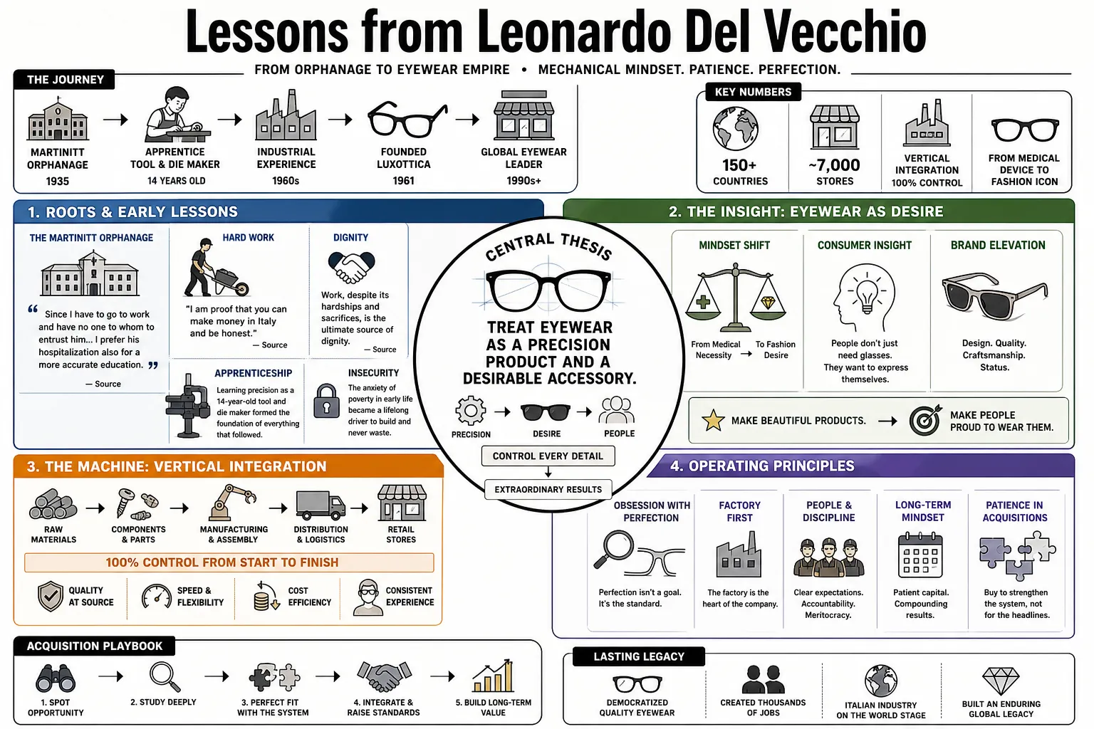 Visual summary of operating lessons from Leonardo Del Vecchio.