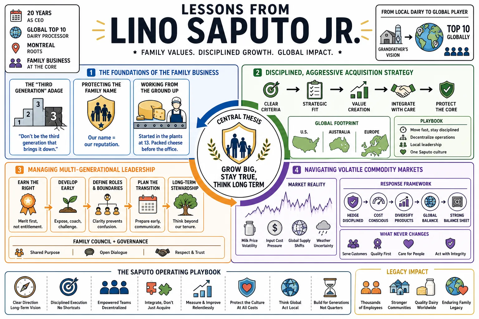 Visual summary of operating lessons from Lino Saputo Jr..