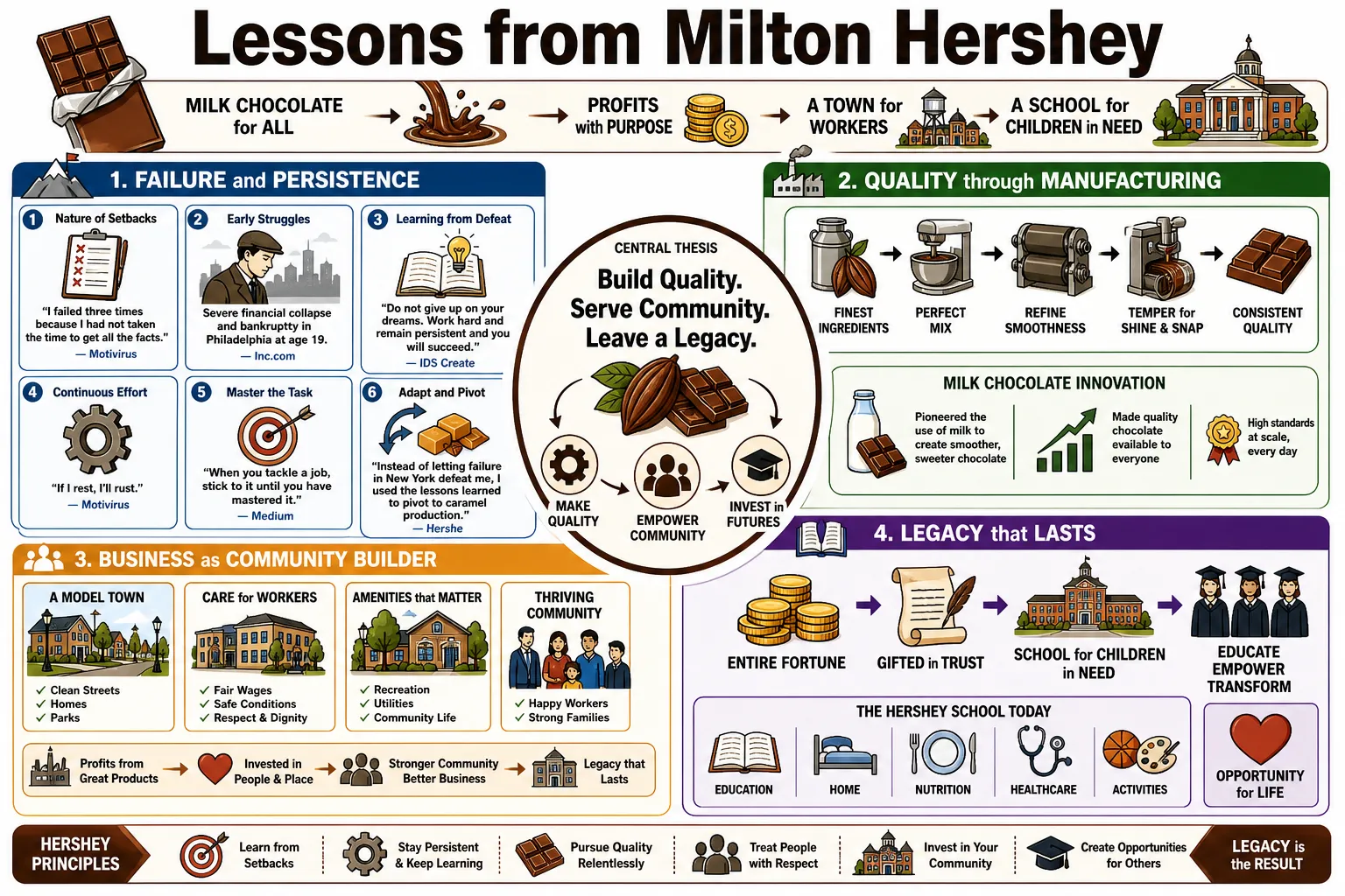 Visual summary of operating lessons from Milton Hershey.
