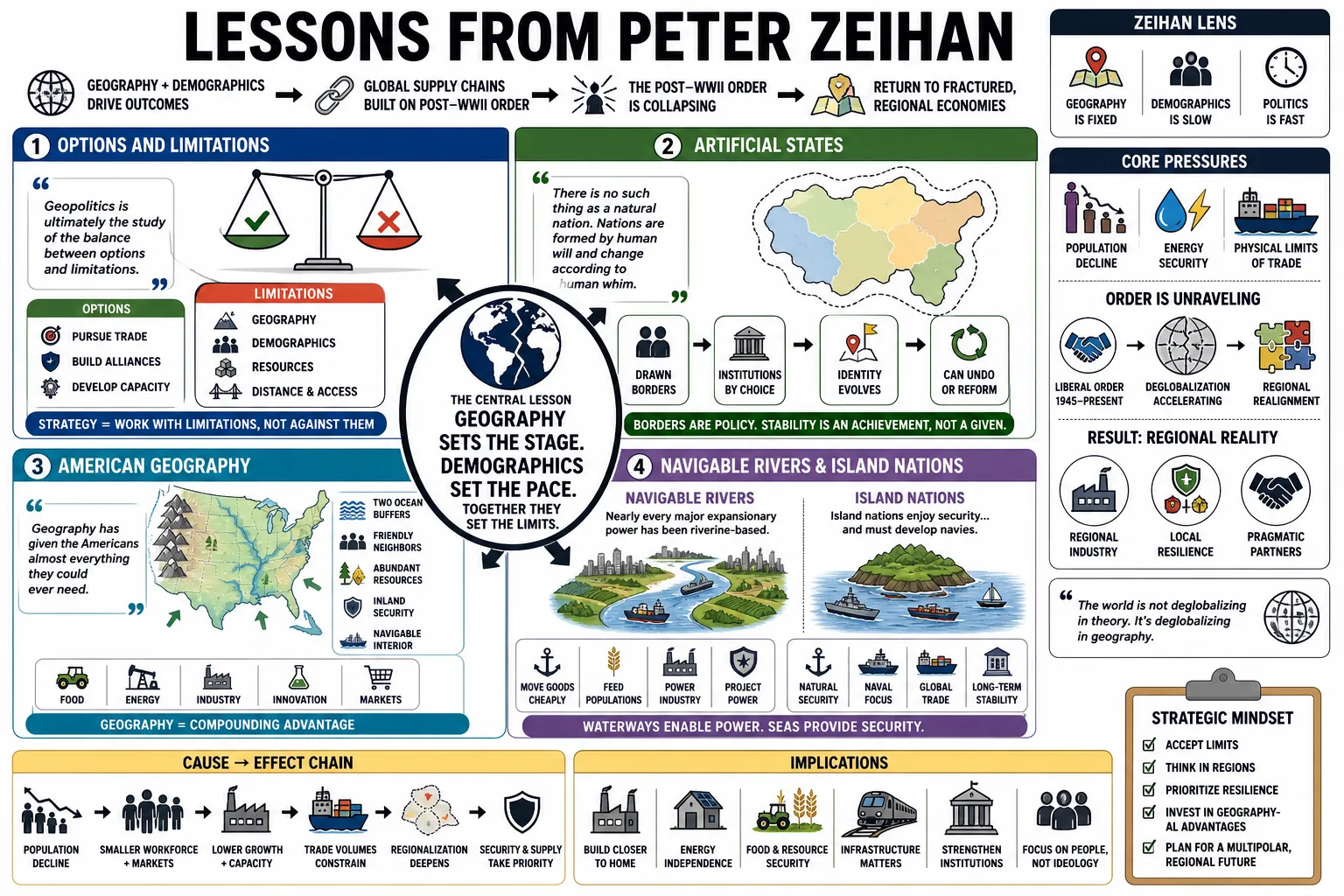 Visual summary of operating lessons from Peter Zeihan.