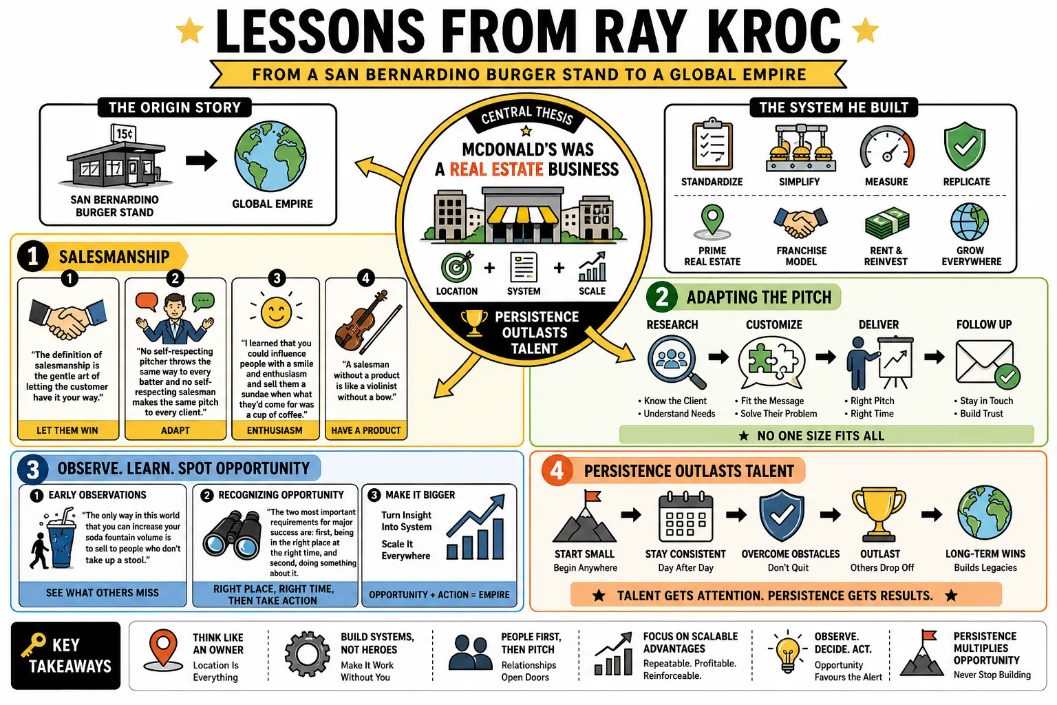 Visual summary of operating lessons from Ray Kroc.