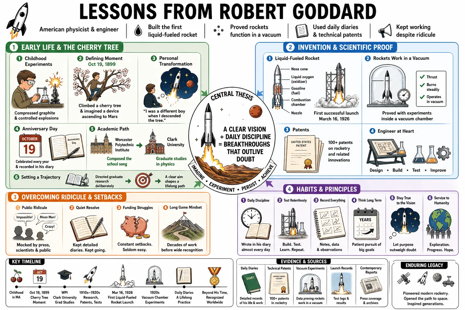 Visual summary of operating lessons from Robert Goddard.