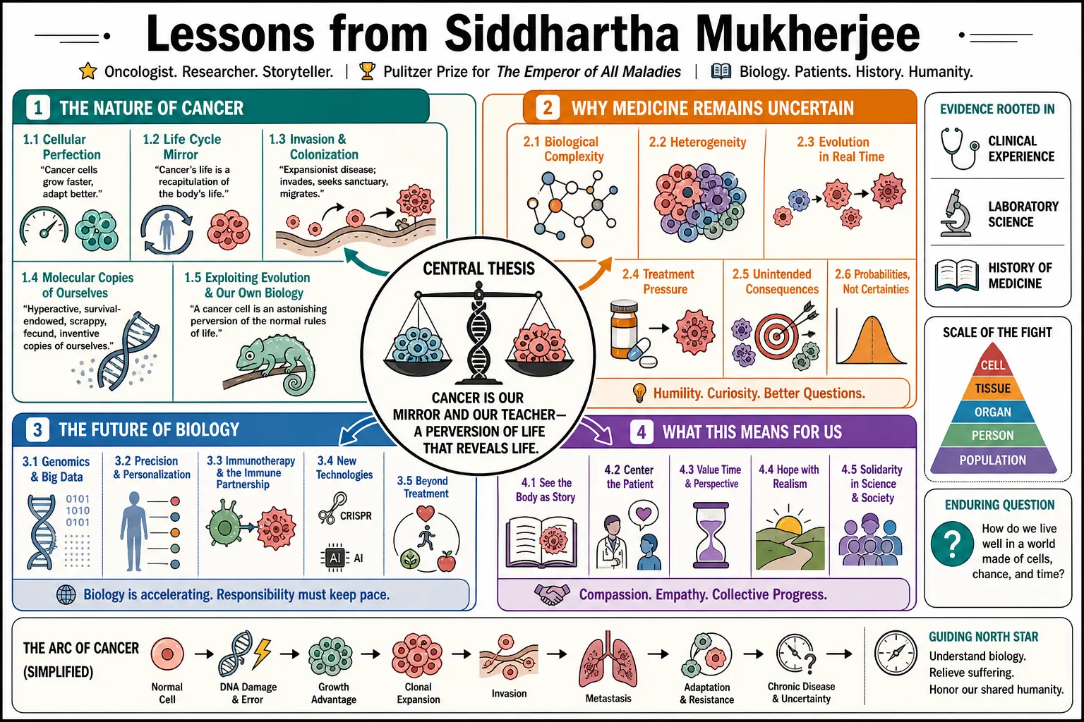 Visual summary of operating lessons from Siddhartha Mukherjee.