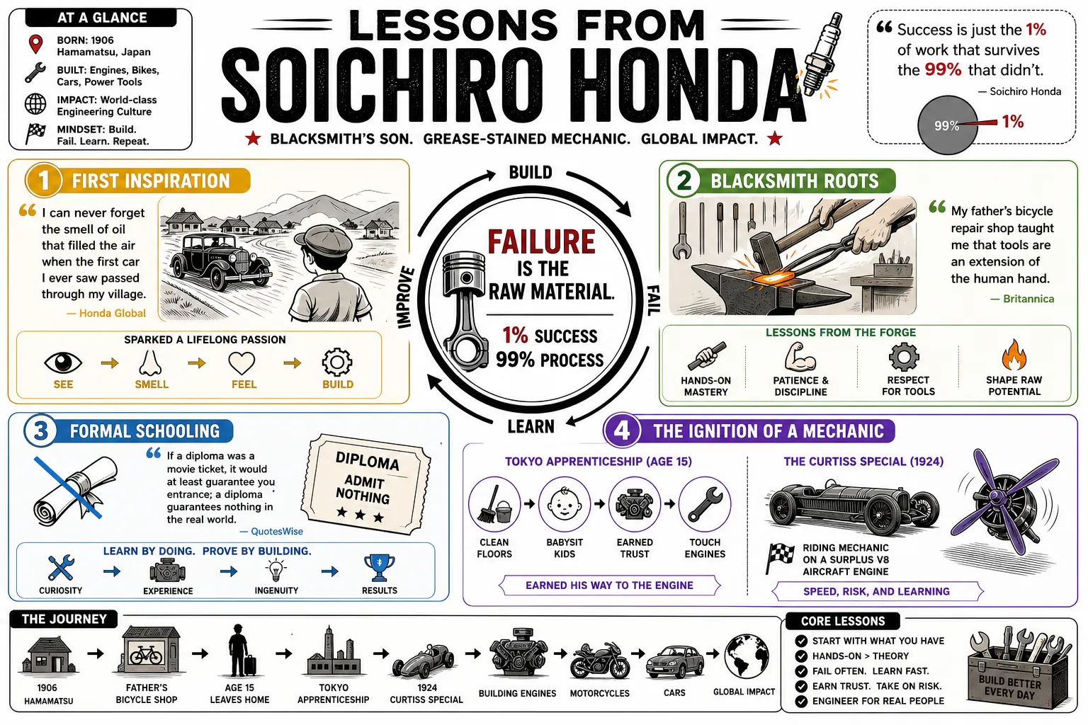 Visual summary of operating lessons from Soichiro Honda.