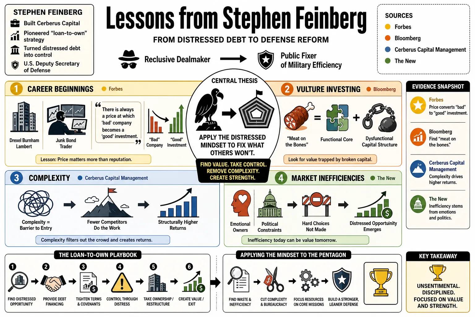 Visual summary of operating lessons from Stephen Feinberg.