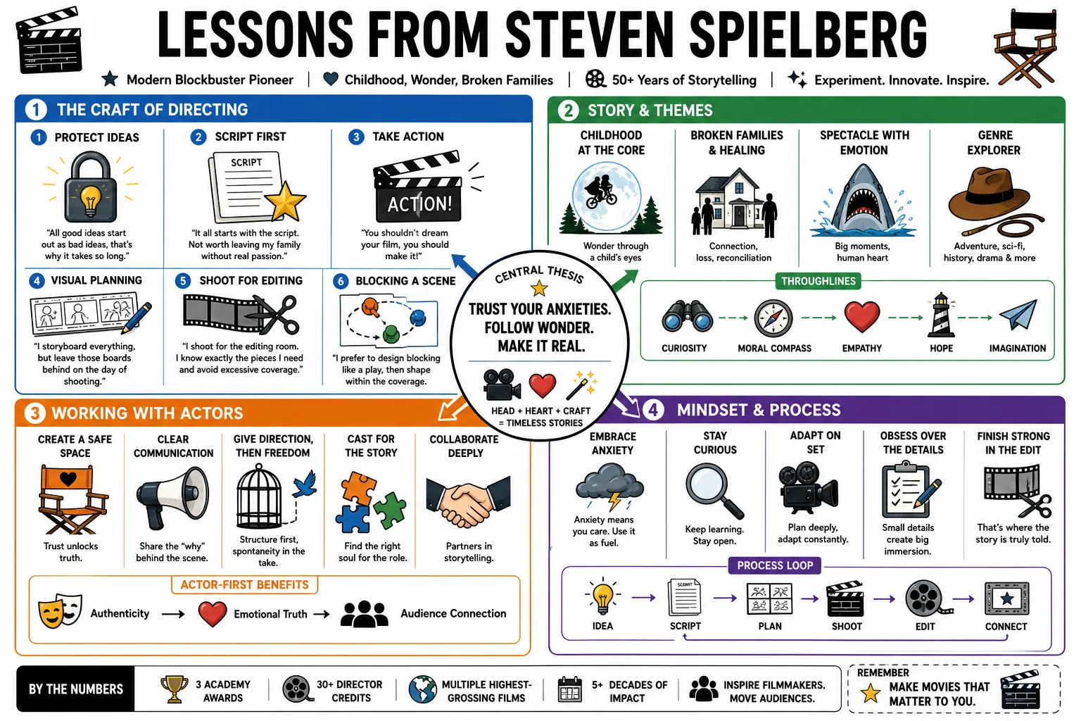 Visual summary of operating lessons from Steven Spielberg.