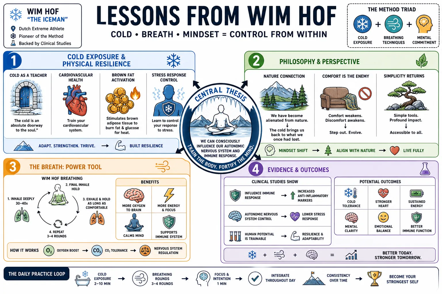 Visual summary of operating lessons from Wim Hof.