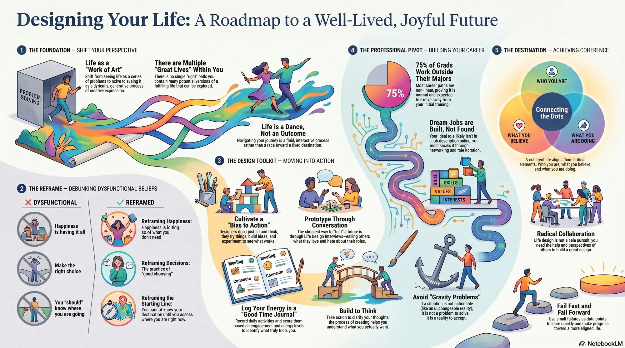 Infographic for "Lessons from Bill Burnett, author of Designing your life".