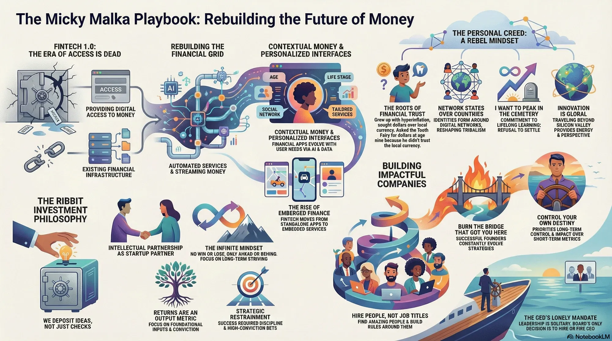 Visual summary of operating lessons from Micky Malka, founder of Ribbit Capital.