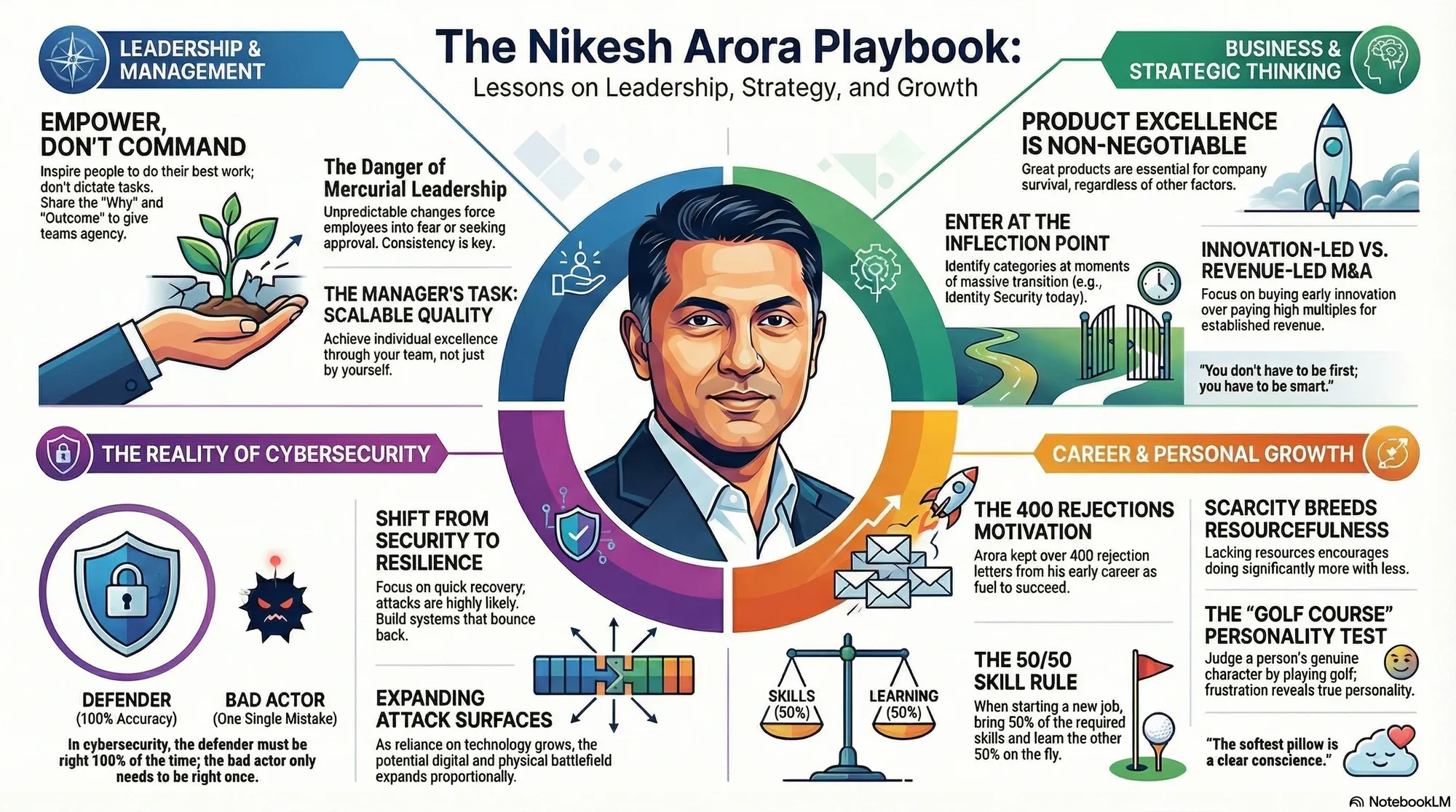 Visual summary of operating lessons from Nikesh Arora, CEO of Palo Alto Networks.