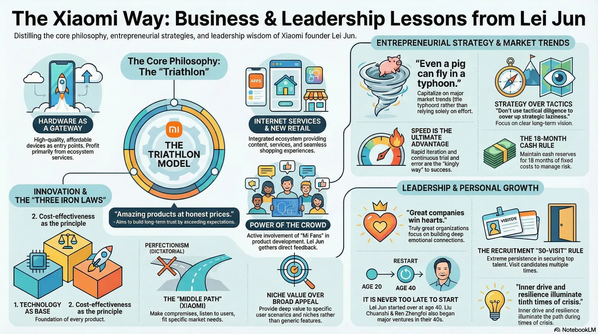 Visual summary of operating lessons from Lei Jun, founder of Xiaomi.