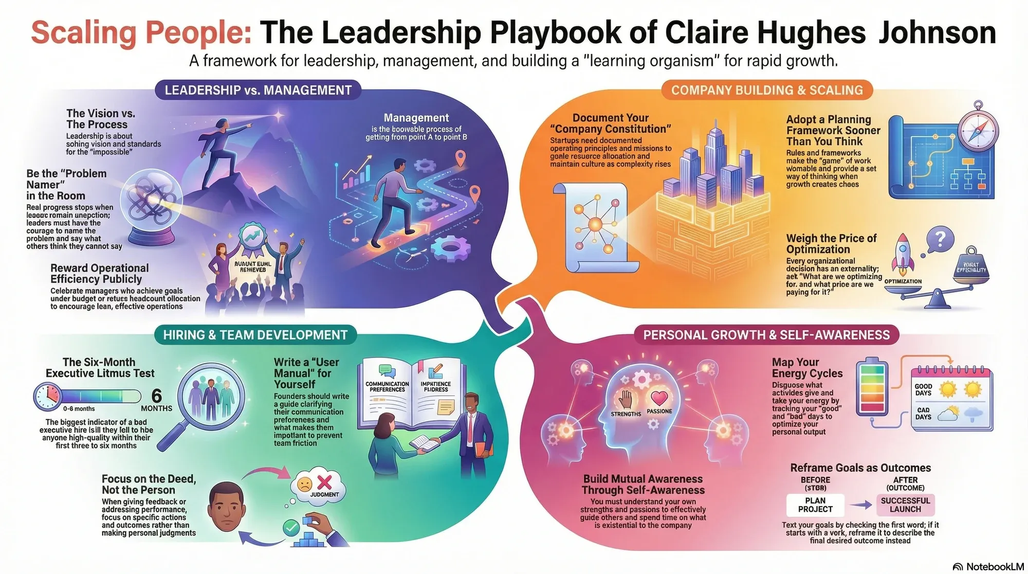 Visual summary of operating lessons from Claire Hughes Johnson, former COO at Stripe.