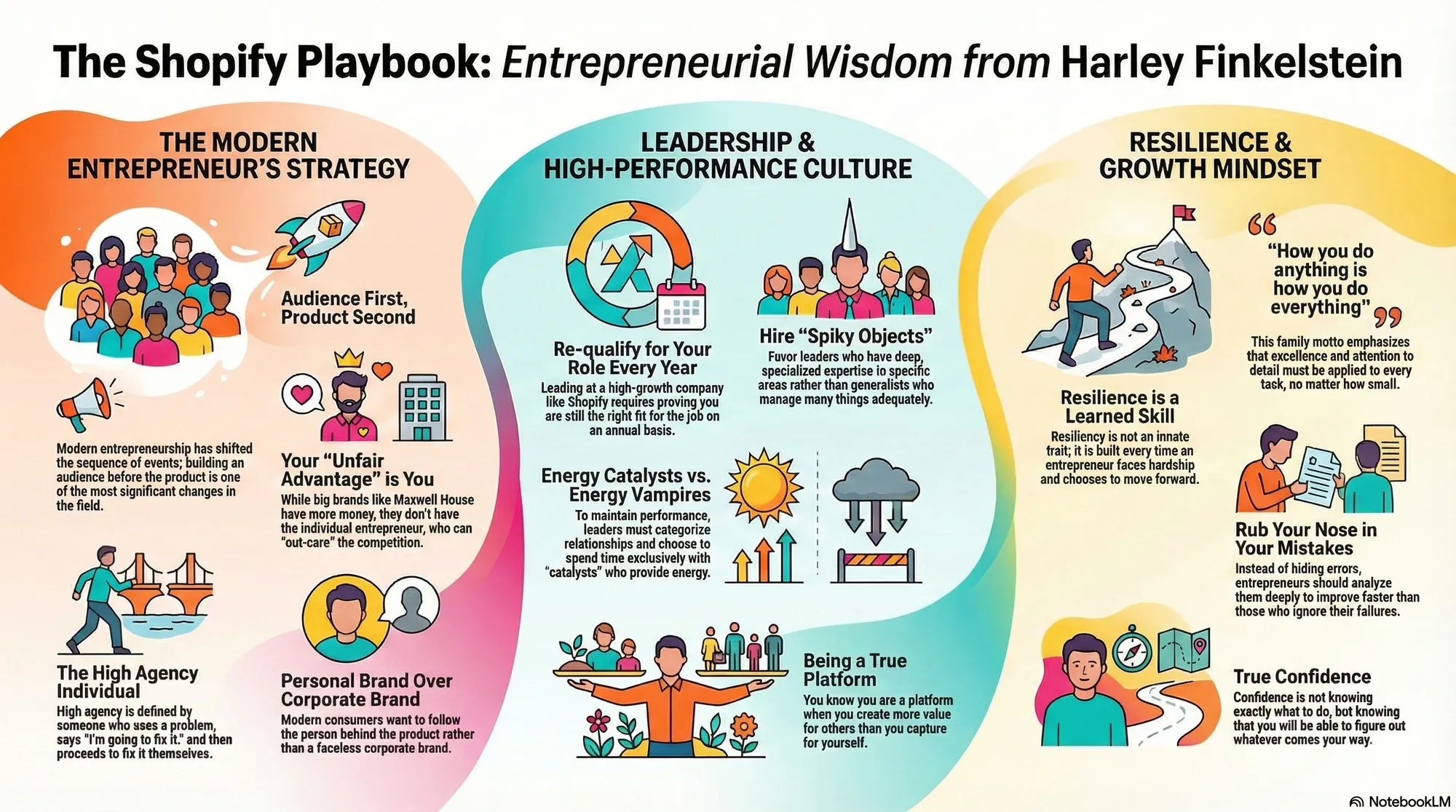 Visual summary of operating lessons from Harley Finkelstein, President of Shopify.