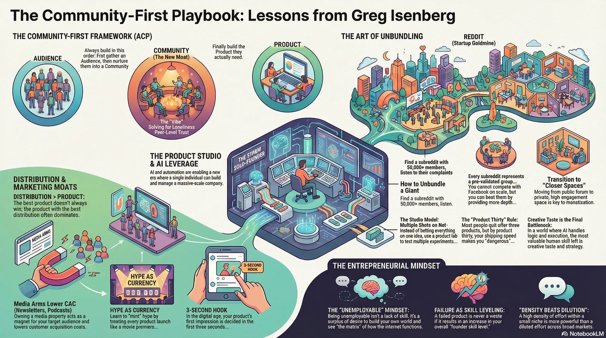 Visual summary of operating lessons from Greg Isenberg.