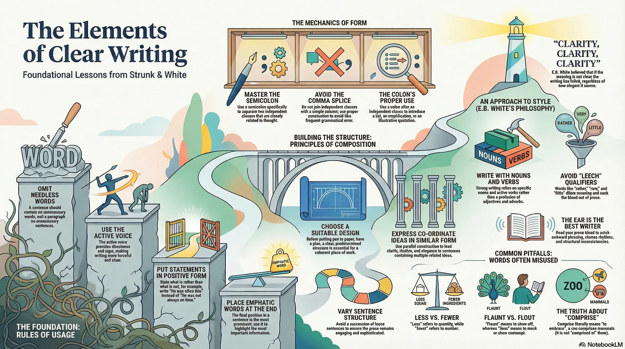 Visual summary of operating lessons from William Strunk Jr. and E.B. White.