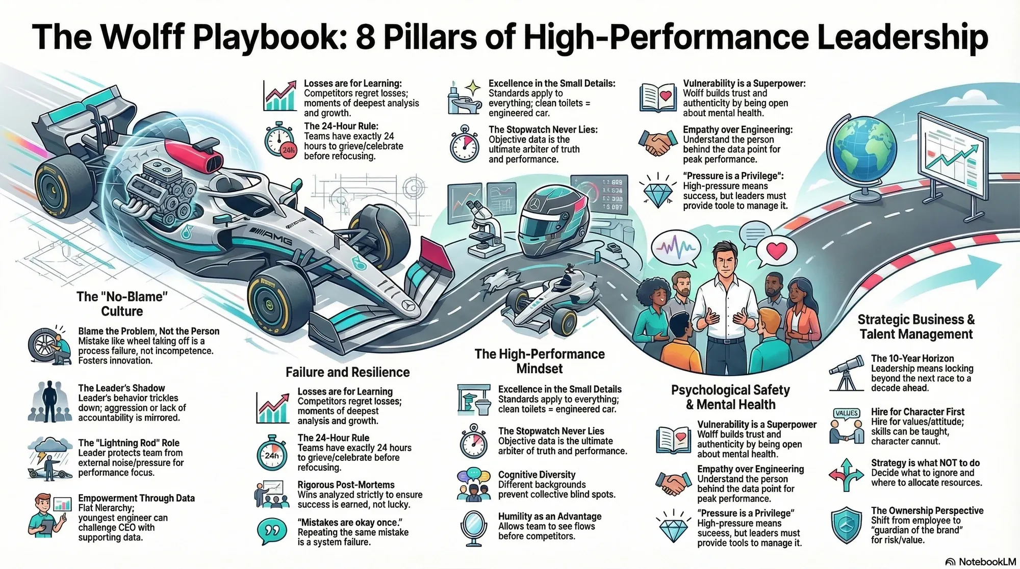 Visual summary of operating lessons from Toto Wolff.
