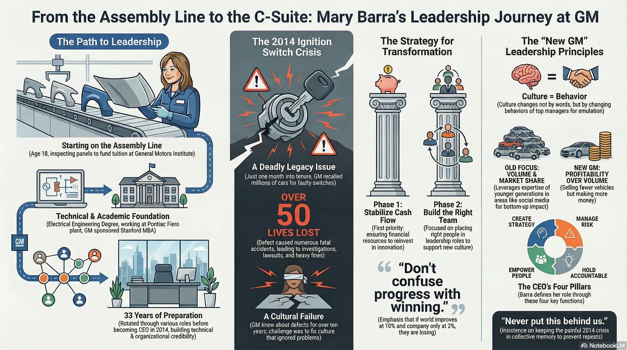 Visual summary of operating lessons from Mary Barra, CEO of GM.