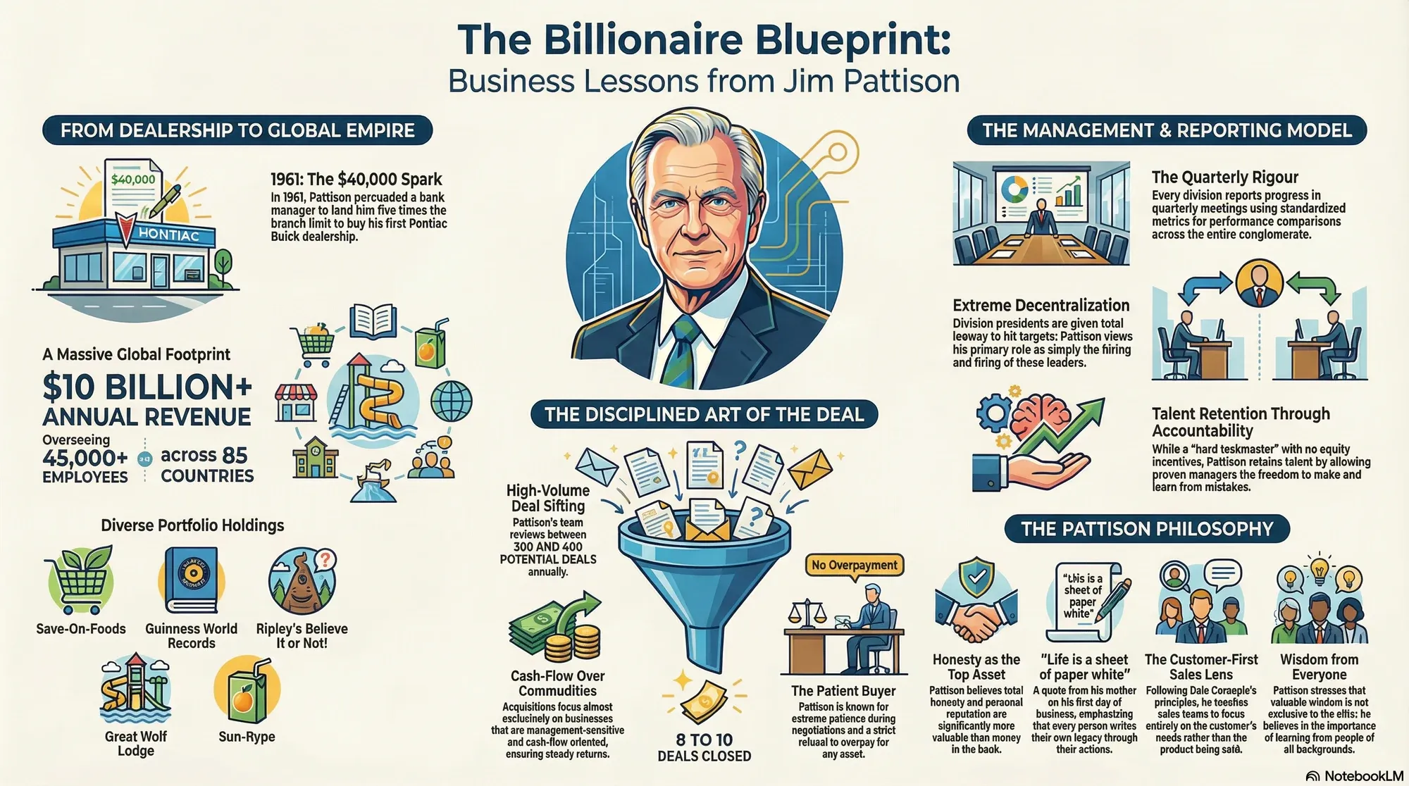 Visual summary of operating lessons from Jim Pattison, CEO of the Jim Pattison Group.