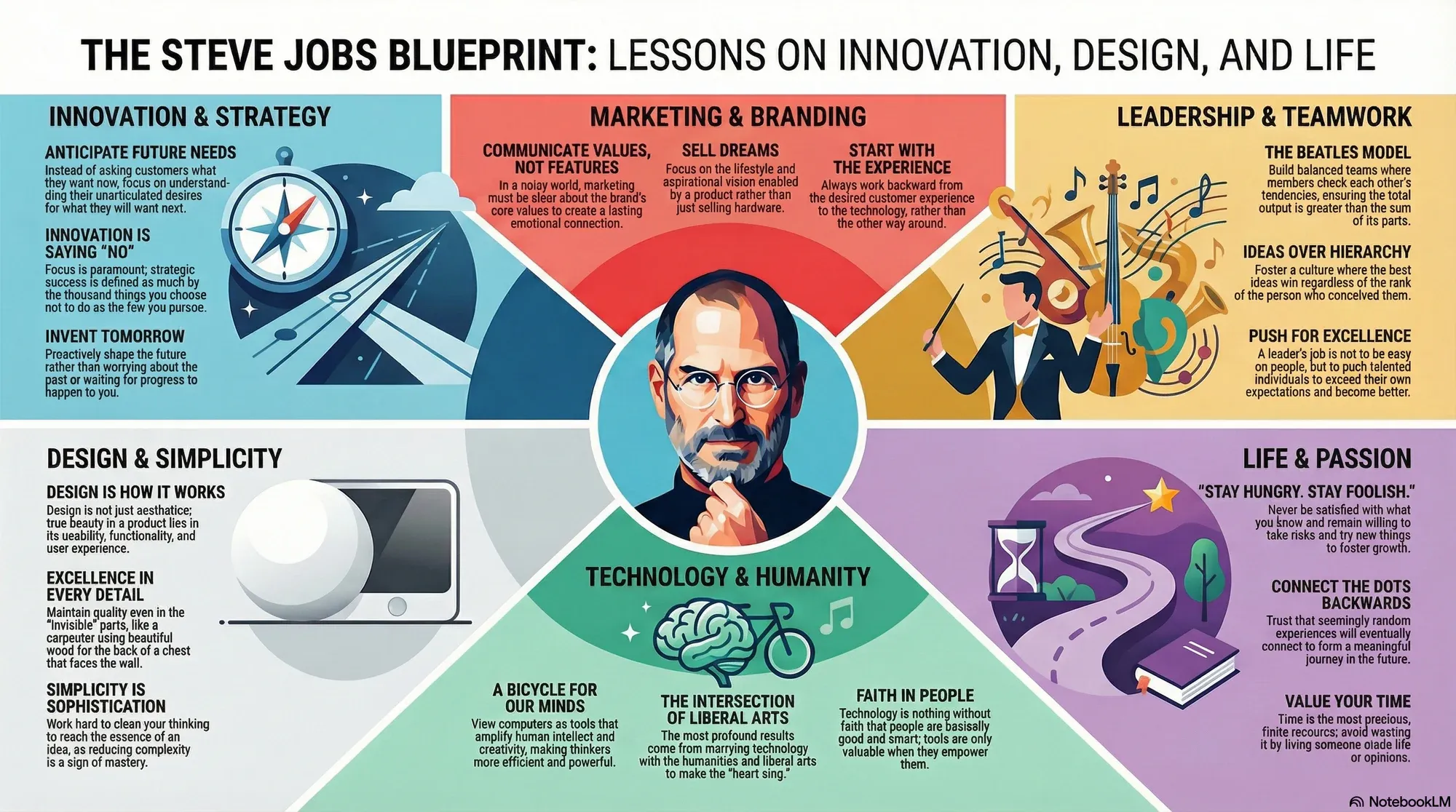 Visual summary of operating lessons from Steve Jobs.