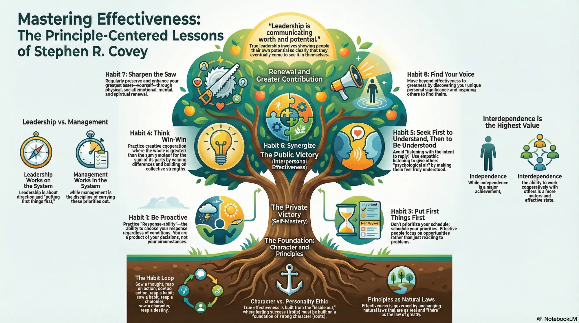 Visual summary of operating lessons from Stephen R. Covey.