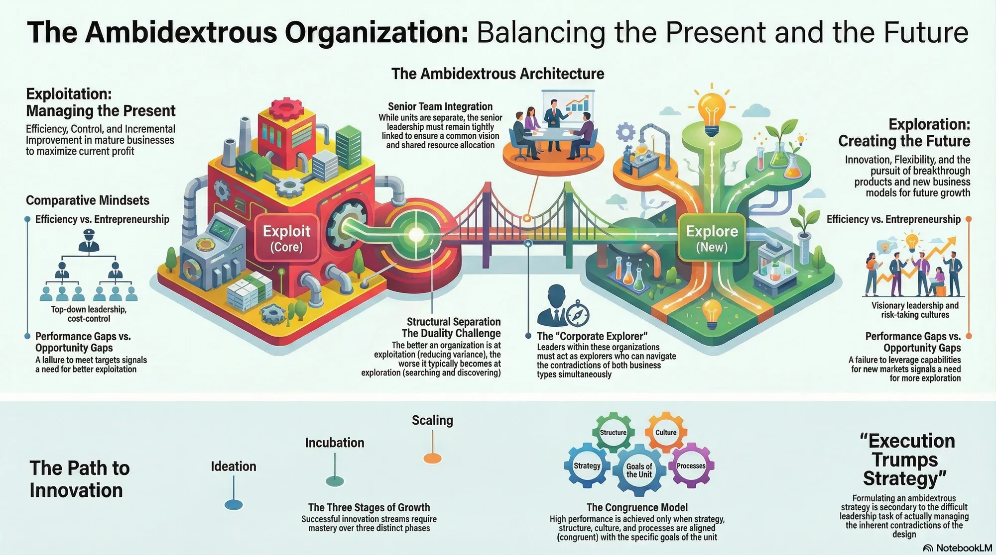 Visual summary of operating lessons from Michael Tushman & Charles O'Reilly III.