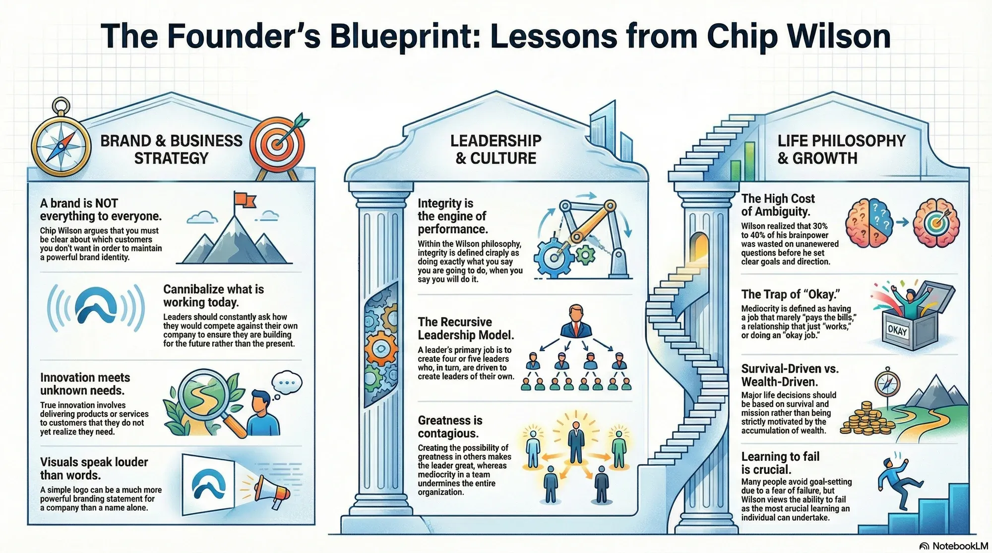 Visual summary of operating lessons from Chip Wilson, founder of Lululemon.