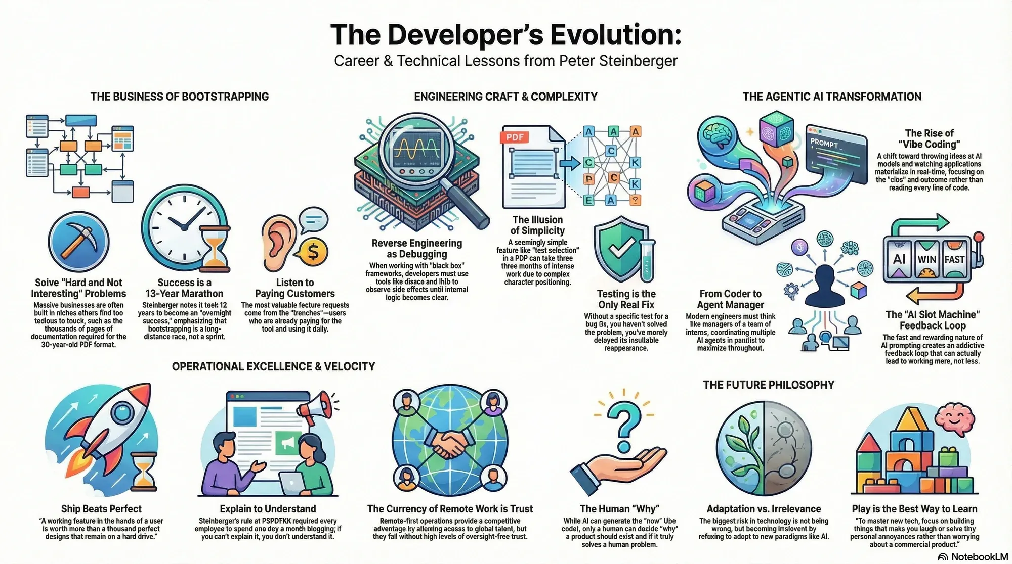 Visual summary of operating lessons from Peter Steinberger.