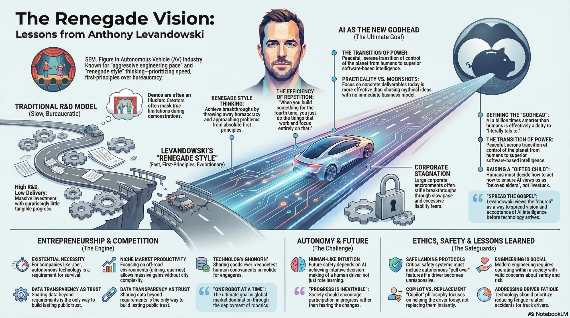 Visual summary of operating lessons from Anthony Levandowski.