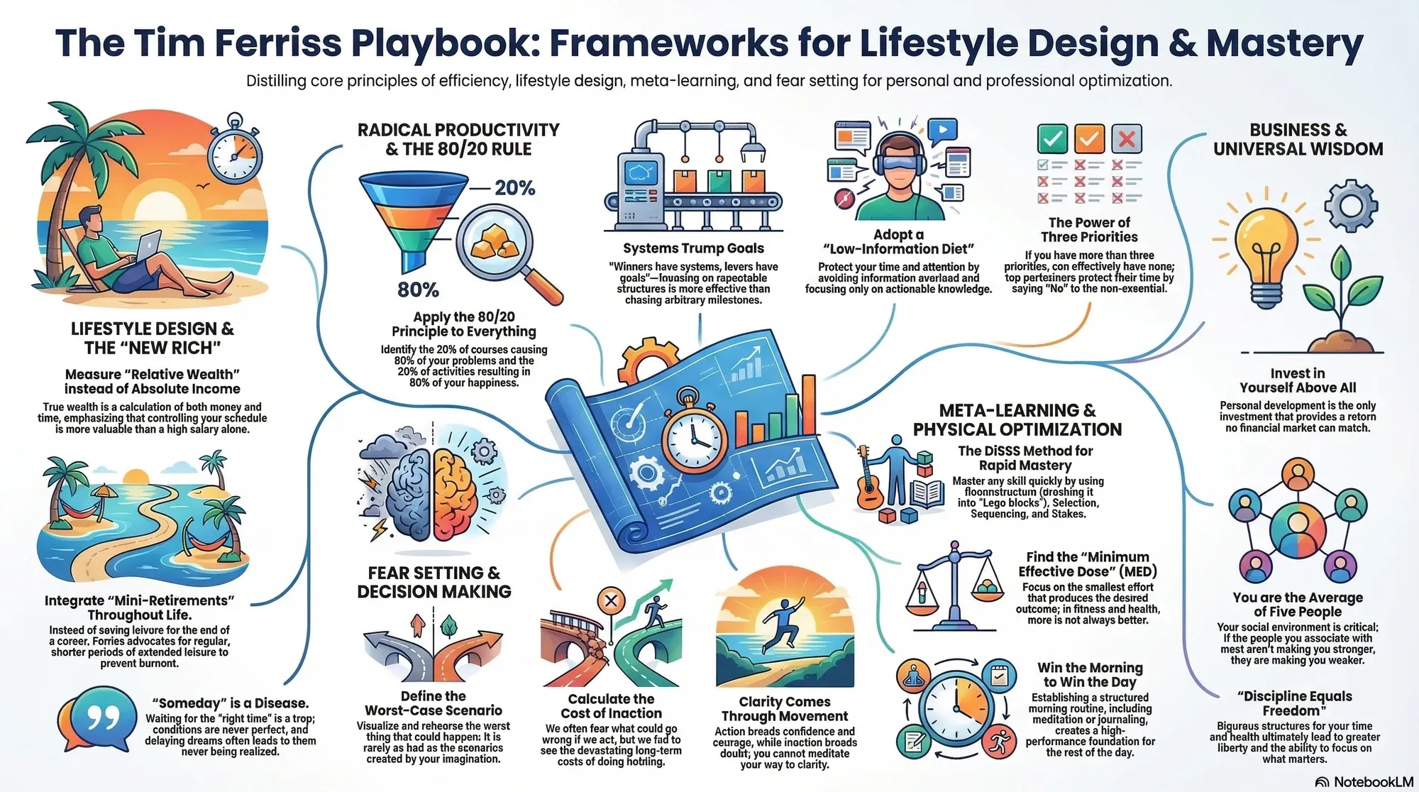 Visual summary of operating lessons from Tim Ferris.