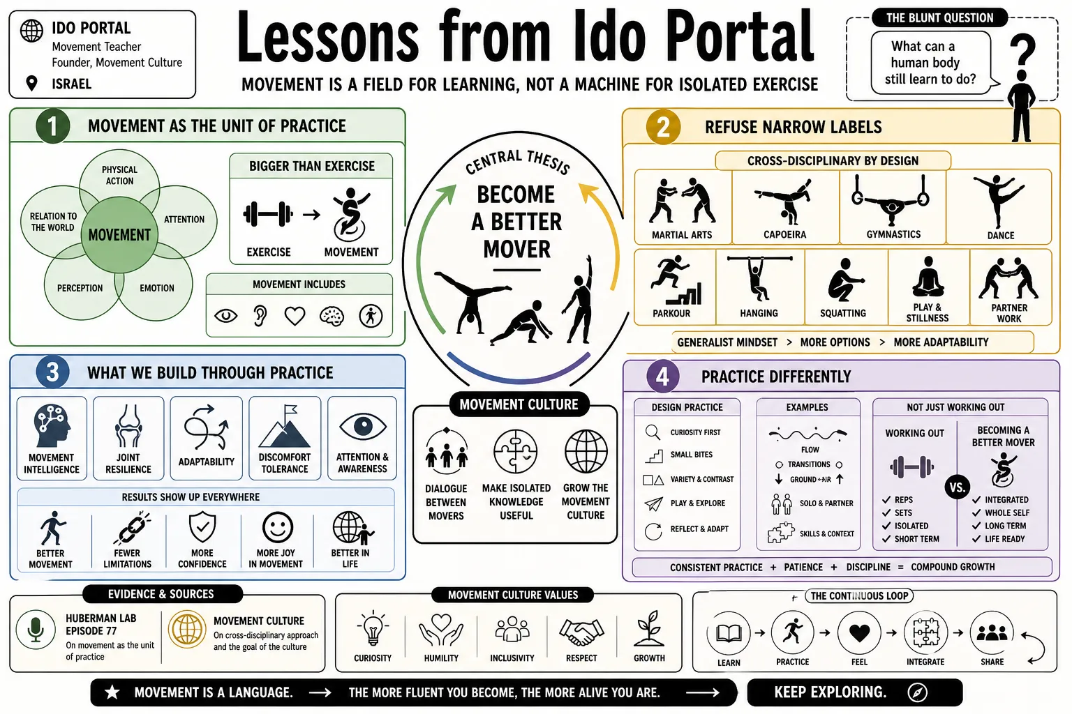 Visual summary of operating lessons from Ido Portal.