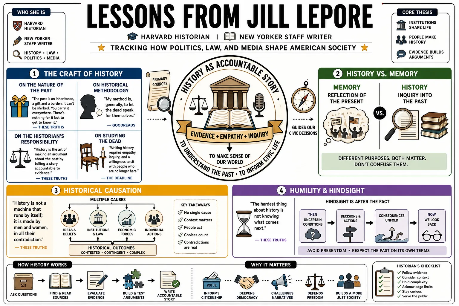 Visual summary of operating lessons from Jill Lepore.