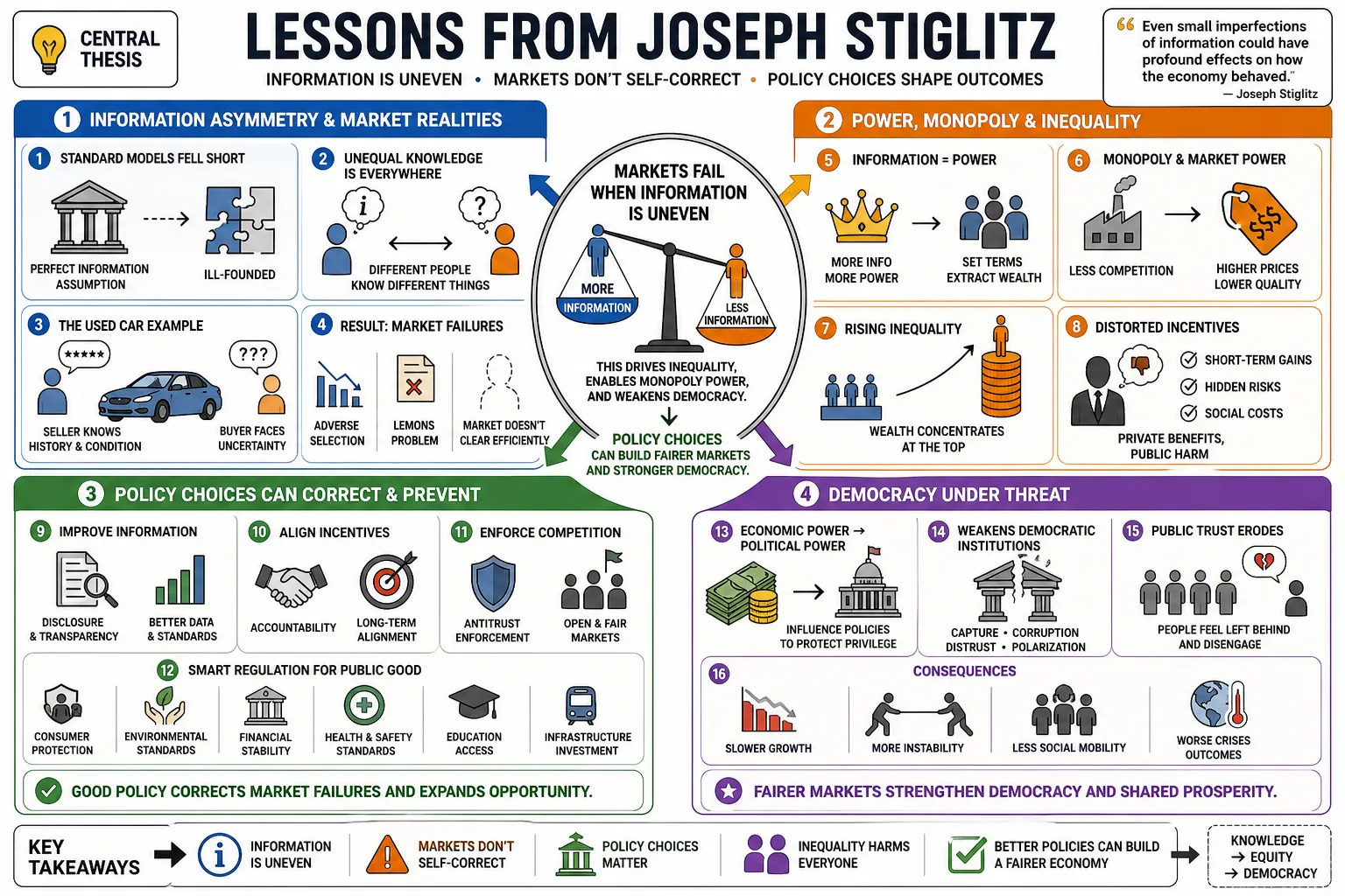 Visual summary of operating lessons from Joseph Stiglitz.